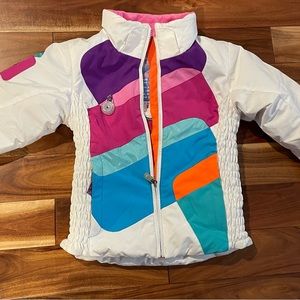 Kids Obermeyer ski coat. Size 5, bright white and vibrant colors